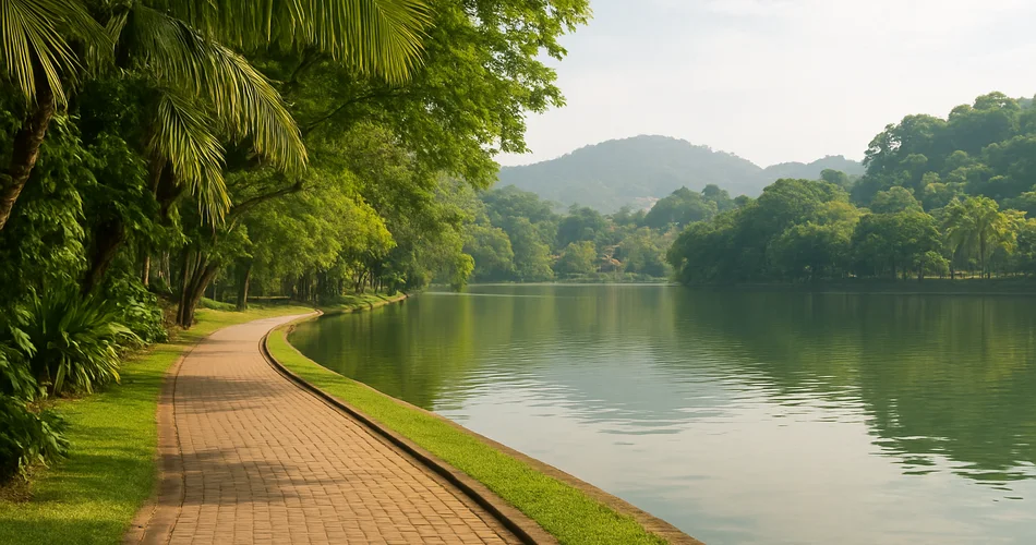 A leafy path follows the calm waters of Kandy Lake.