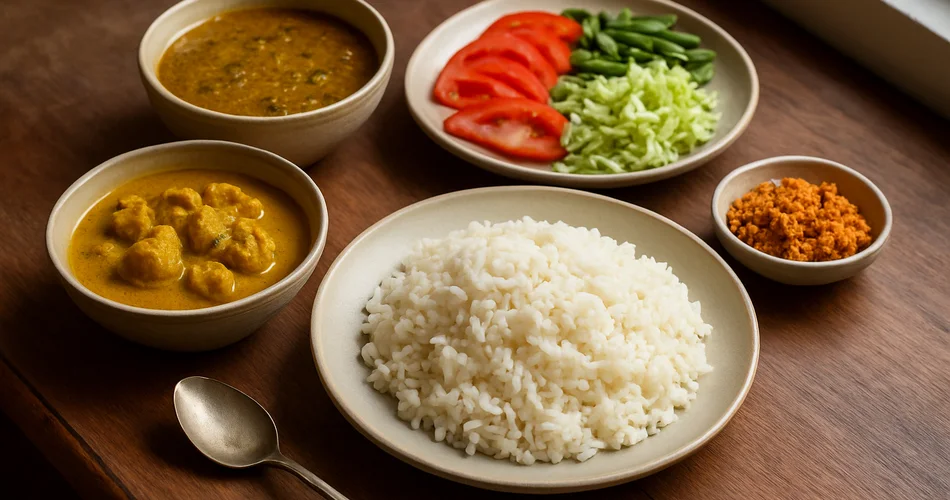A Sri Lankan meal features rice, curry, and fresh vegetables.