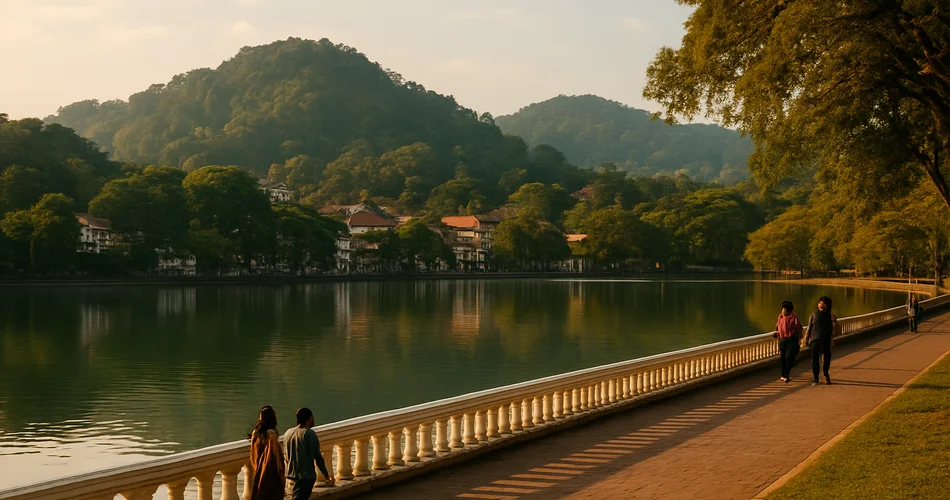 Kandy Lake sits below the green hills surrounding the city.